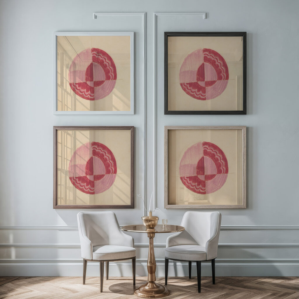 Miscellaneous small sketches for inlaid table tops.Design with red and pink circular motif 1930 Winold Reiss framed posters mockup