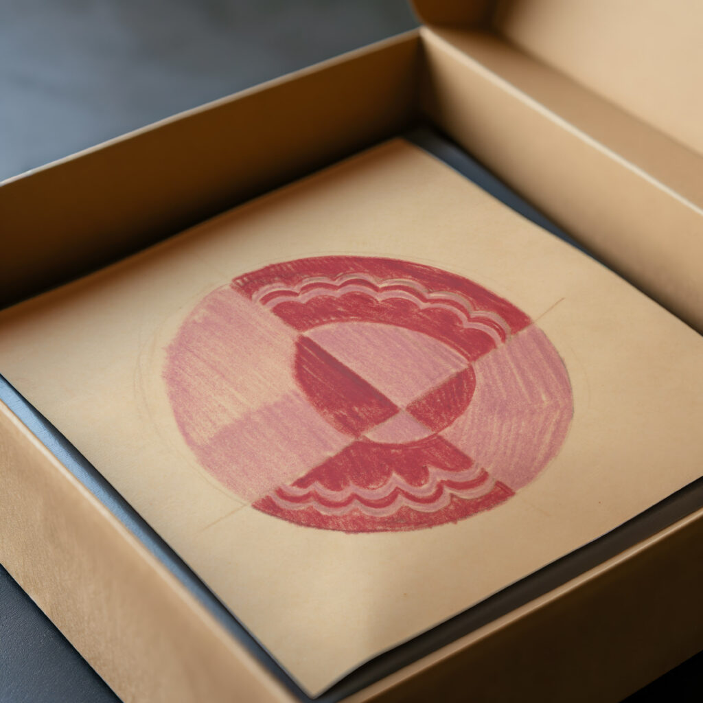 Miscellaneous small sketches for inlaid table tops.Design with red and pink circular motif 1930 Winold Reiss video mockup