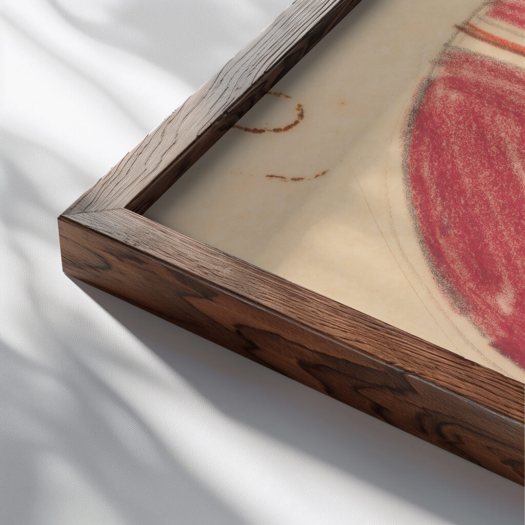 Miscellaneous small sketches for inlaid table tops.Design with red geometric motif 1930 Winold Reiss close up dark wood mockup