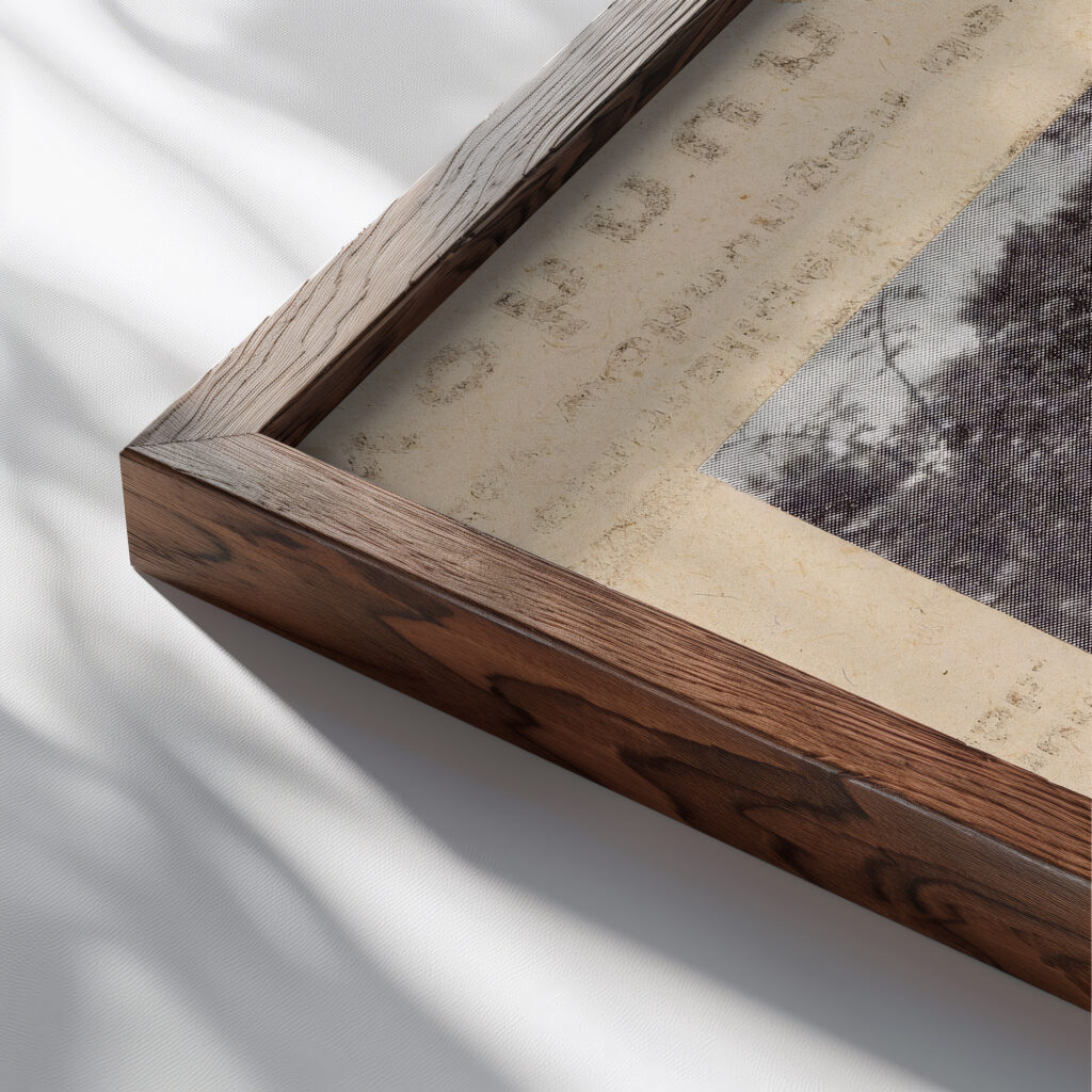 Mit Jagerin Merzzeichnung 1929 Kurt Schwitters close up dark wood mockup