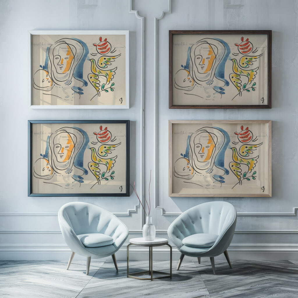 Mother with baby and dove 1936–1937 Mikulas Galanda framed posters mockup