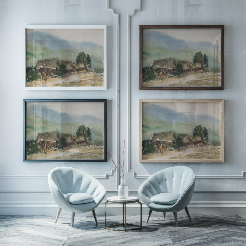 Motif with Village Cottages 1929 Zolo Palugyay framed posters mockup