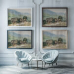 Motif with Village Cottages 1929 Zolo Palugyay framed posters mockup