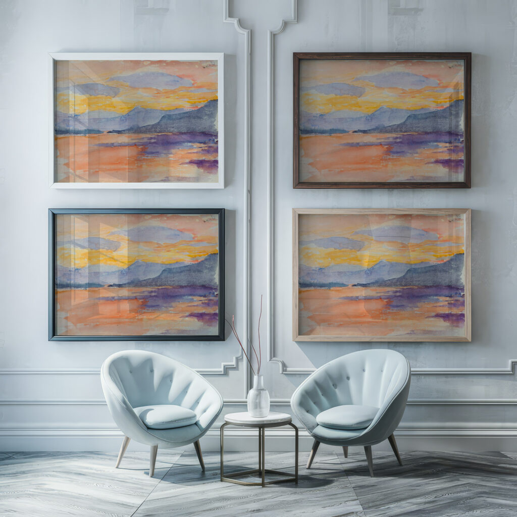 Mountain landscape in the evening sky Maria Wiik framed posters mockup