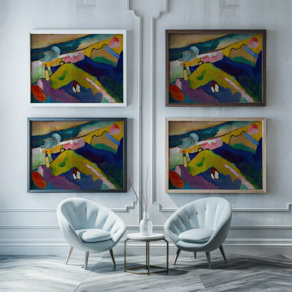 Murnau – Mountain landscape with church 1910 Wassily Kandinsky framed posters mockup