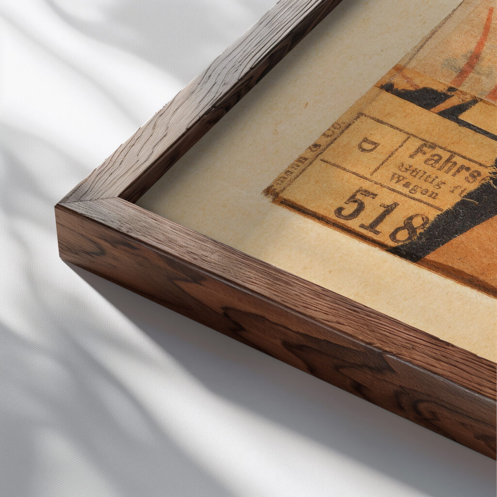 Mz 122 Tropfen rot. Merzzeichnung 1920 Kurt Schwitters close up dark wood mockup