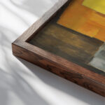 Nature morte au carre jaune 1913 Roger de La Fresnaye close up dark wood mockup