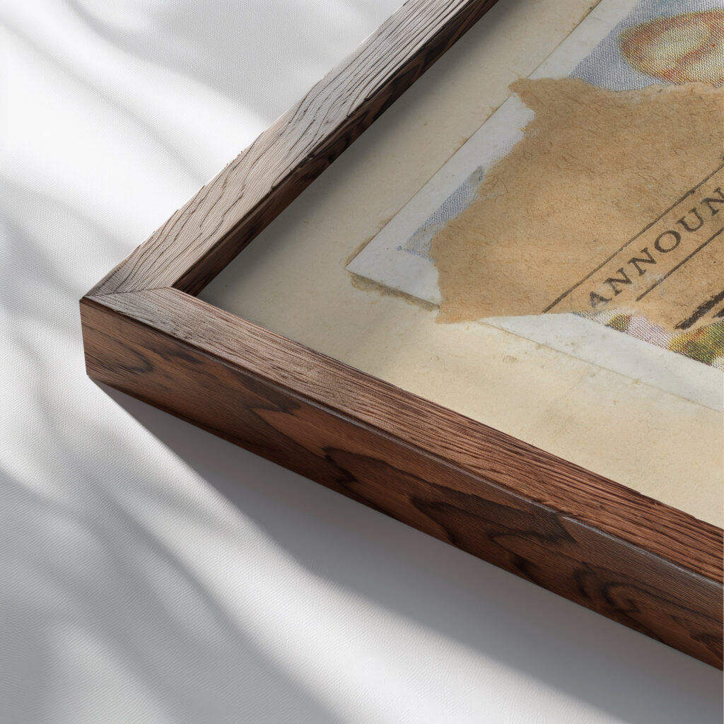 Ohne Titel Ankundigungen 1947 Kurt Schwitters close up dark wood mockup