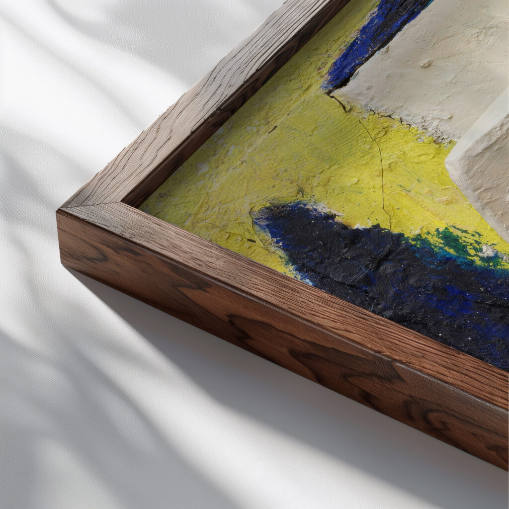 Ohne Titel Bewegtes Weiss auf Blau und Gelb 1944 Kurt Schwitters close up dark wood mockup