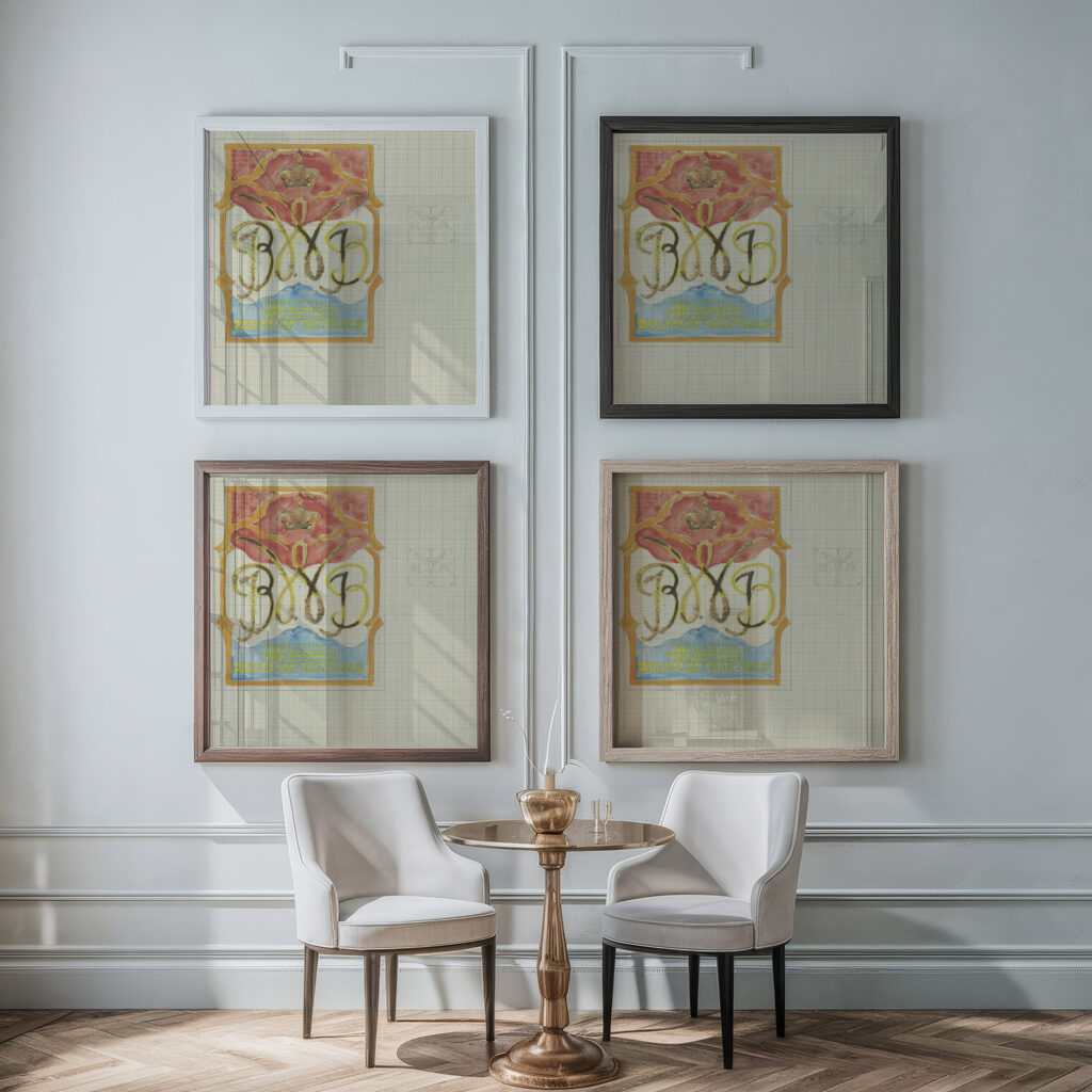 Ontwerp met een gekroonde W en aan weerszijden JB 1874 Carel Adolph Lion Cachet framed posters mockup