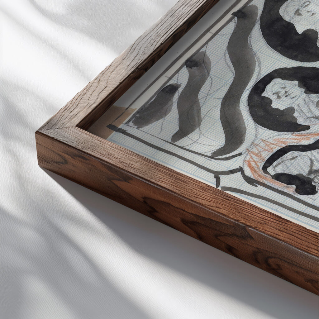 Ontwerp met staande vrouw met ruiters aan weerszijden 1874 Carel Adolph Lion Cachet close up dark wood mockup