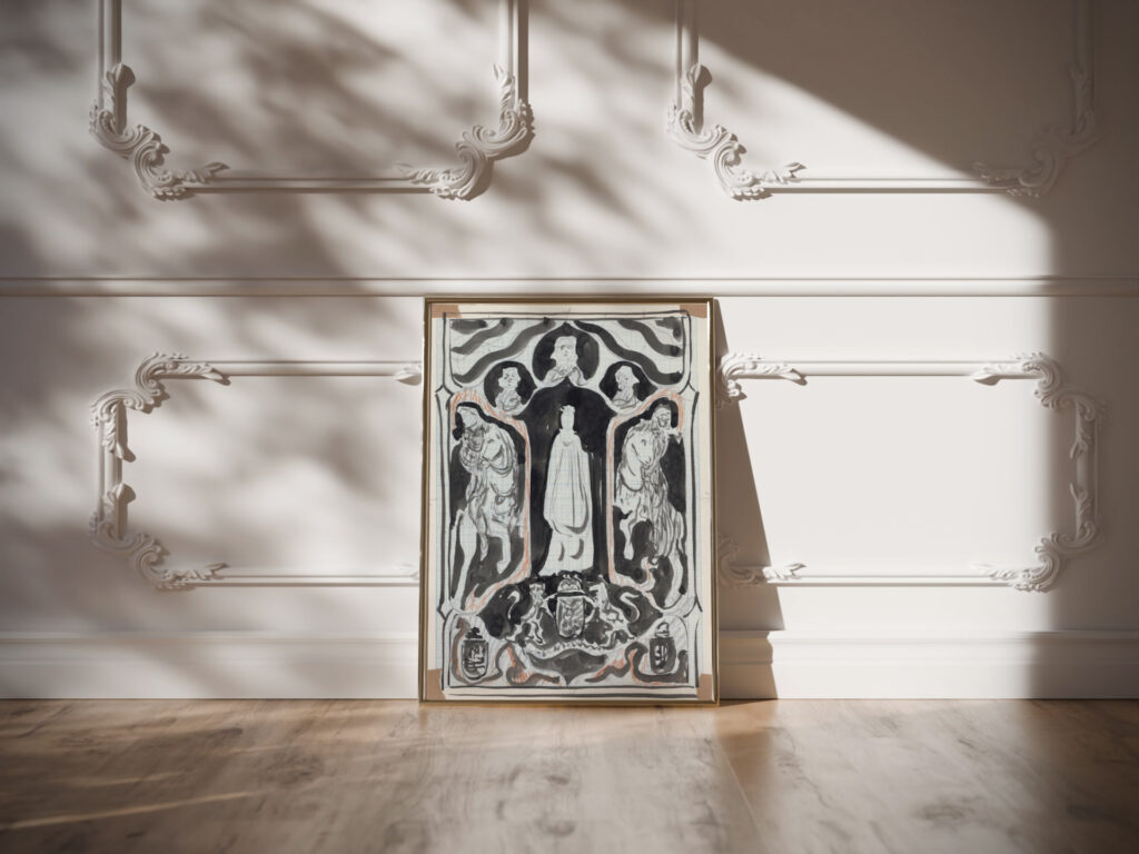 Ontwerp met staande vrouw met ruiters aan weerszijden 1874 Carel Adolph Lion Cachet video mockup