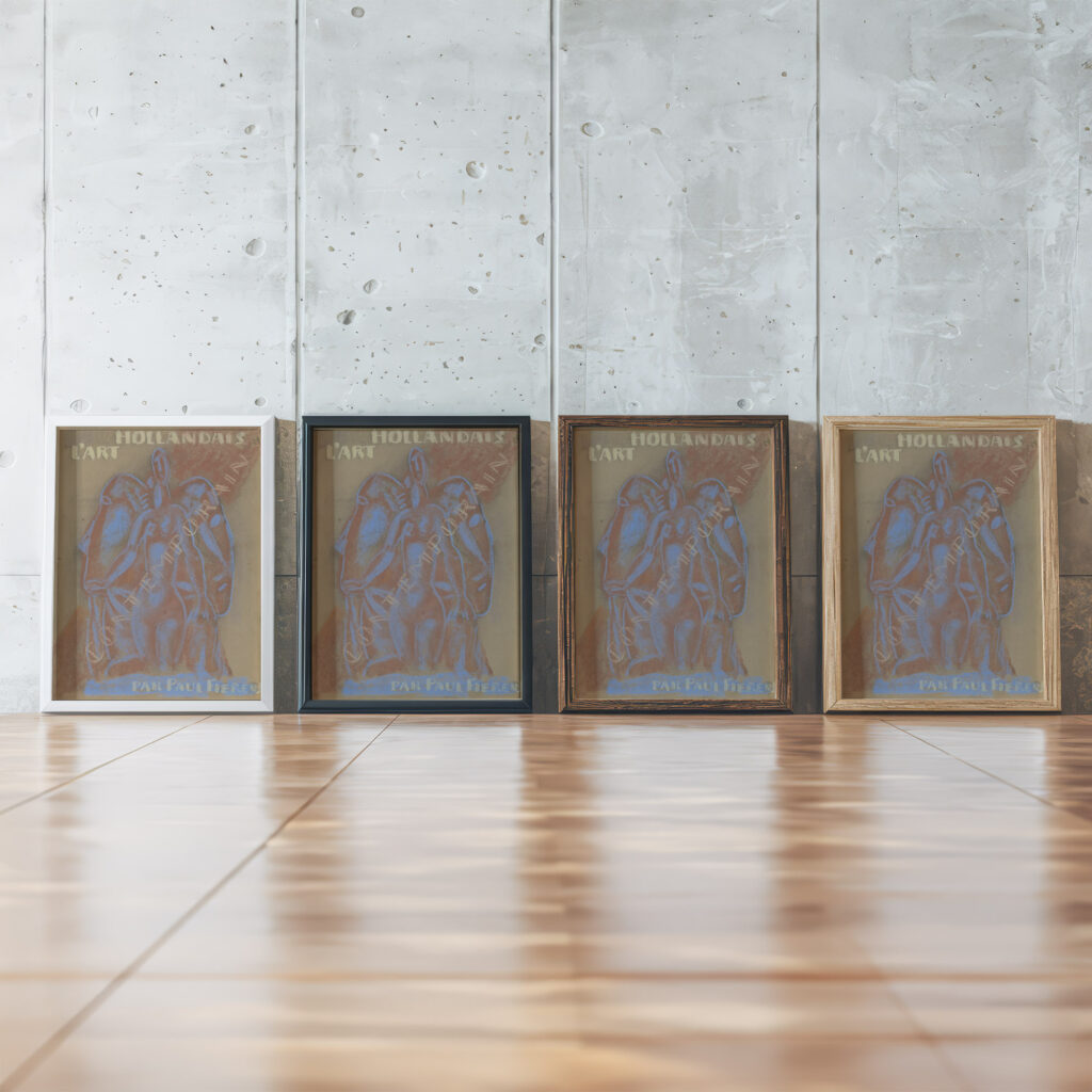 Ontwerp voor Paul Fierens ‘lArt Hollandais contemporain naakte vrouw tussen twee van elkaar weg kijkende mannen hoofden. 1933 Leo Gestel 1 framed posters mockup