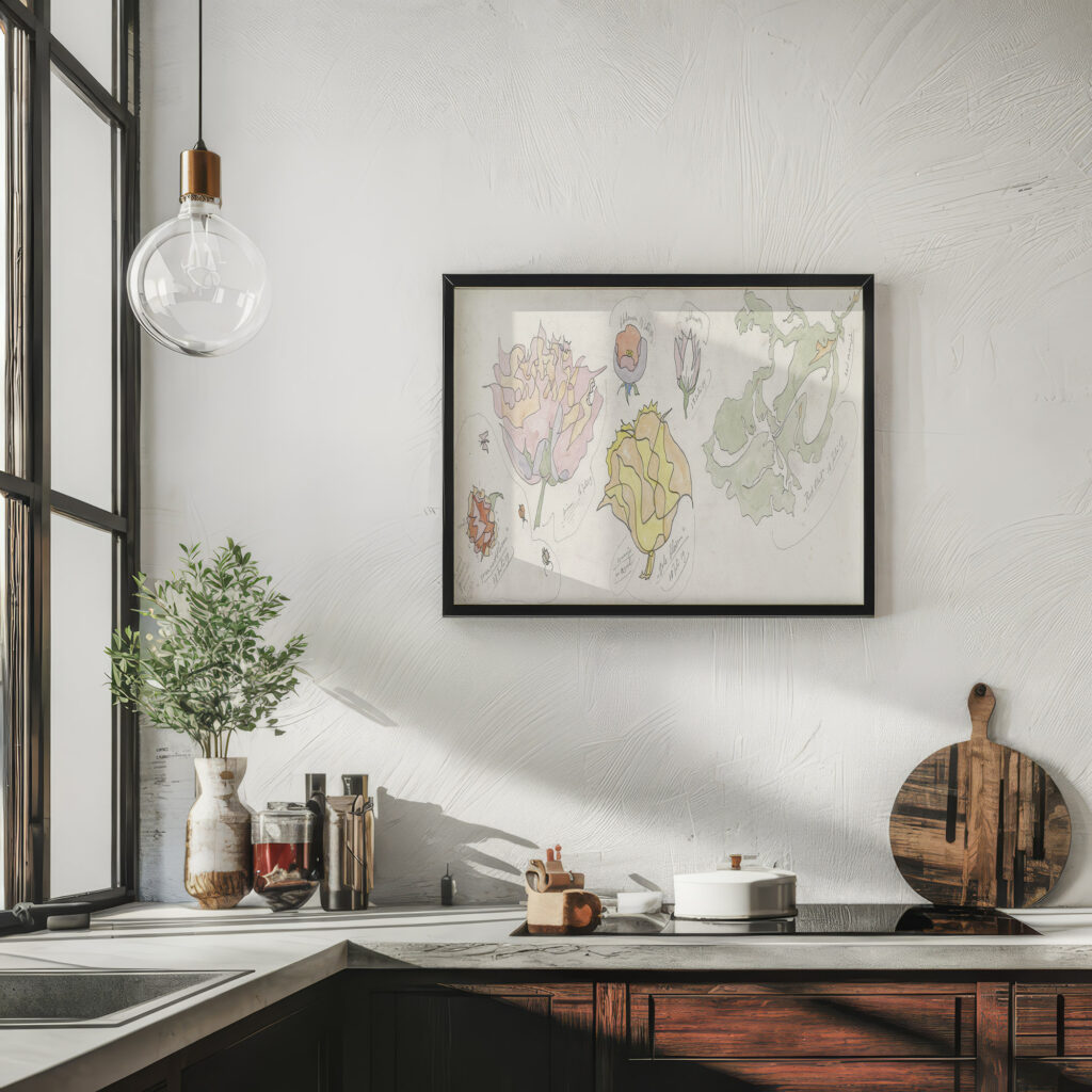 Ontwerp voor aardewerkdecoratie granaatbloem pioen gele bloem en rotblad 1919 07 16 Theo Colenbrander 6 mockup