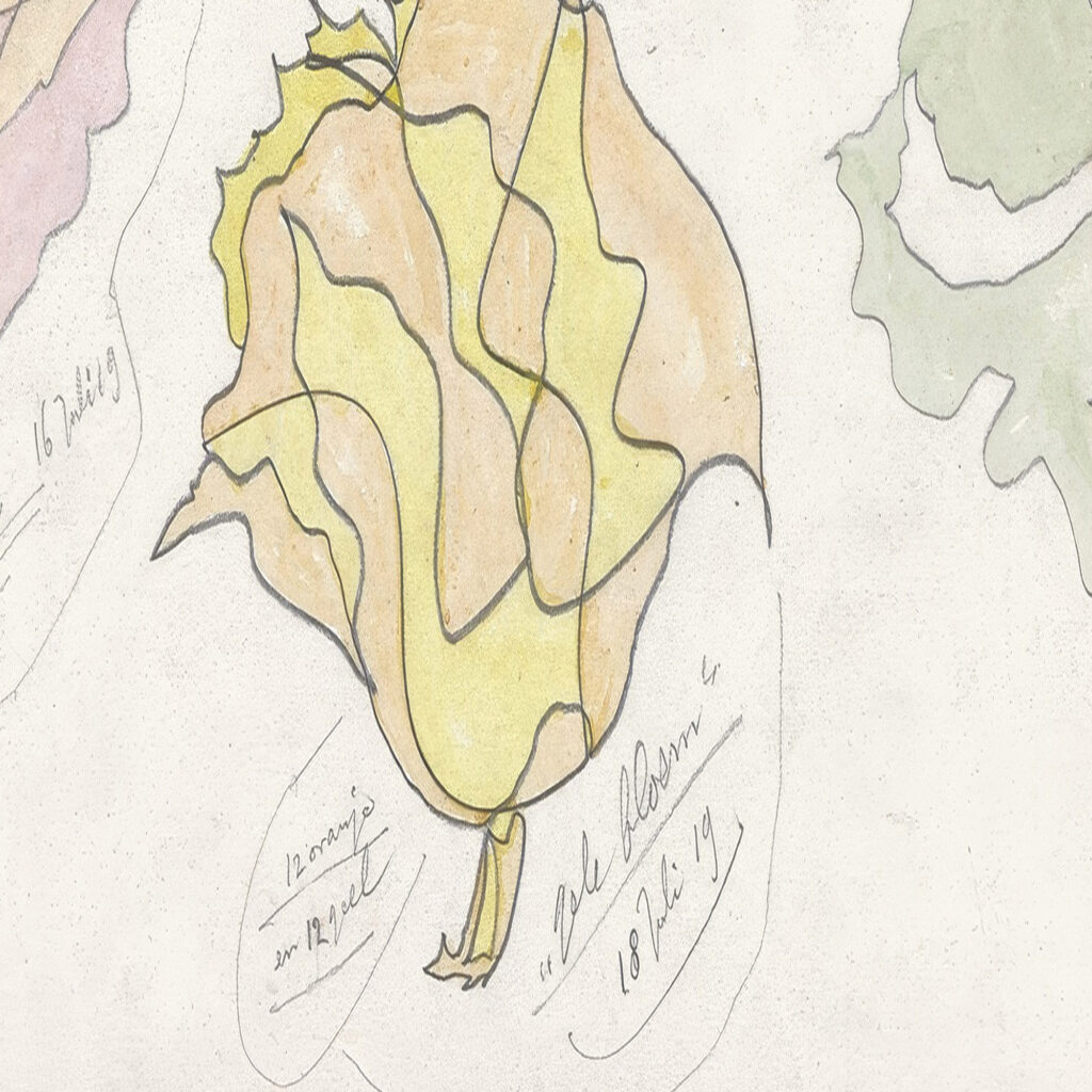 Ontwerp voor aardewerkdecoratie granaatbloem pioen gele bloem en rotblad 1919 07 16 Theo Colenbrander 8 mockup