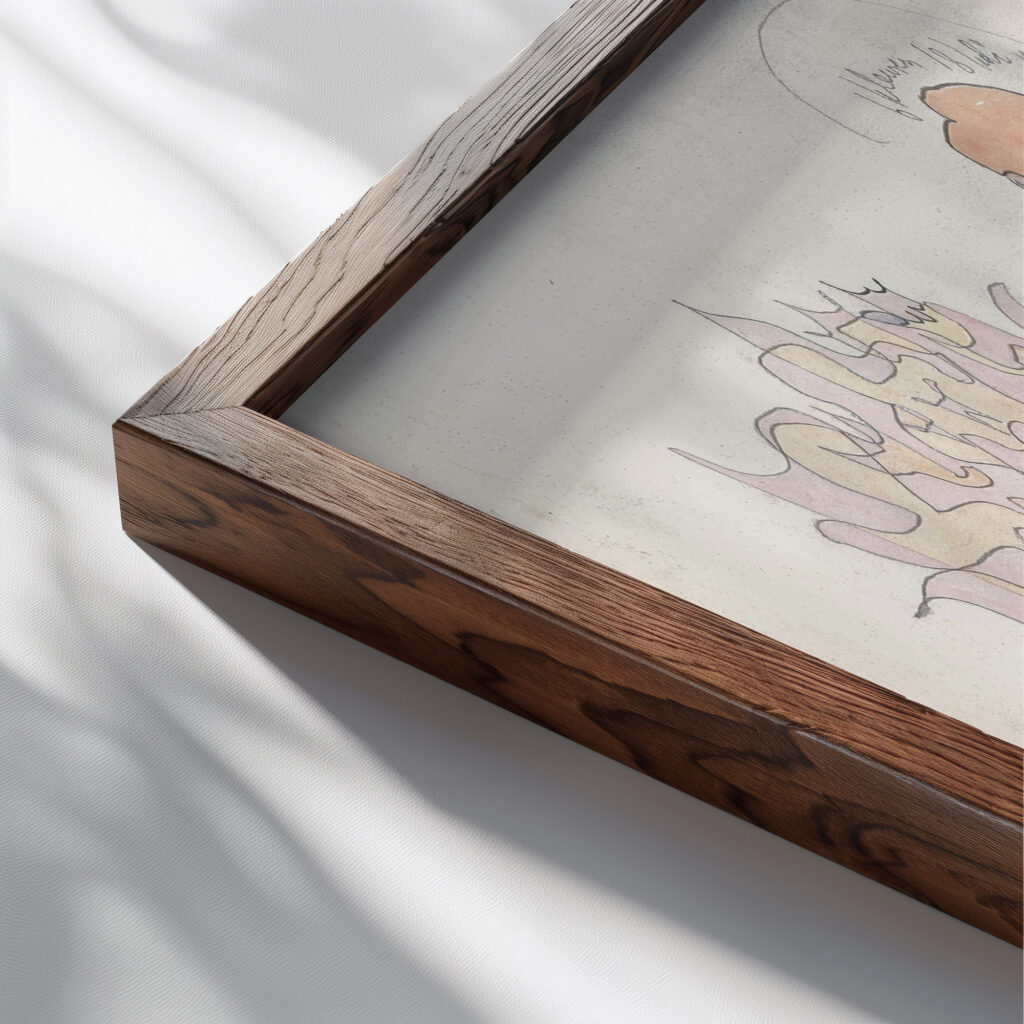 Ontwerp voor aardewerkdecoratie granaatbloem pioen gele bloem en rotblad 1919 07 16 Theo Colenbrander close up dark wood mockup