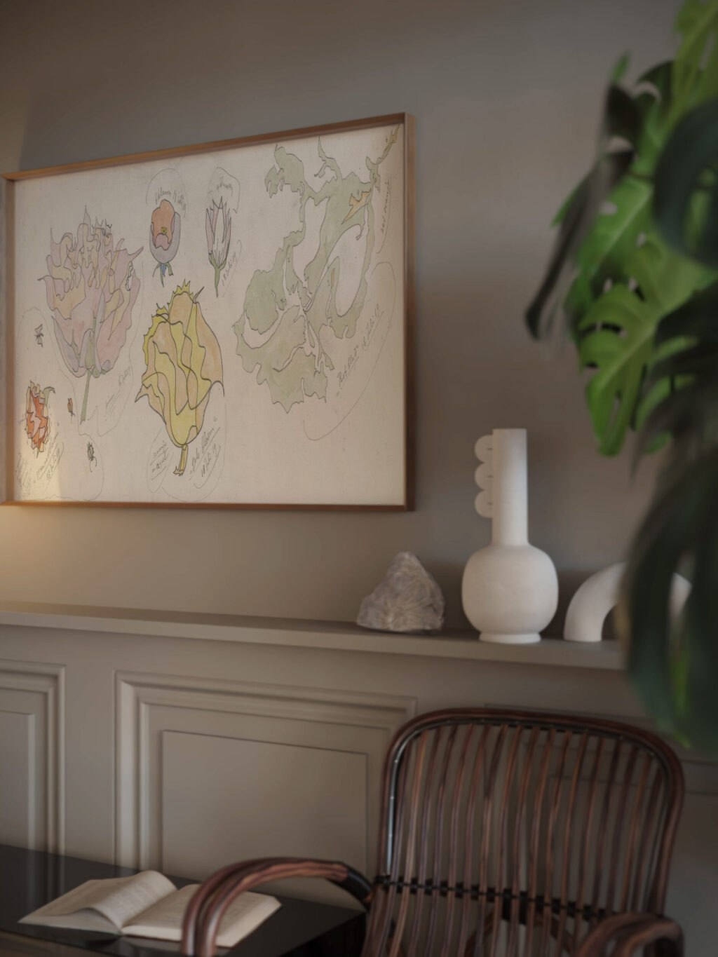 Ontwerp voor aardewerkdecoratie granaatbloem pioen gele bloem en rotblad 1919 07 16 Theo Colenbrander video mockup