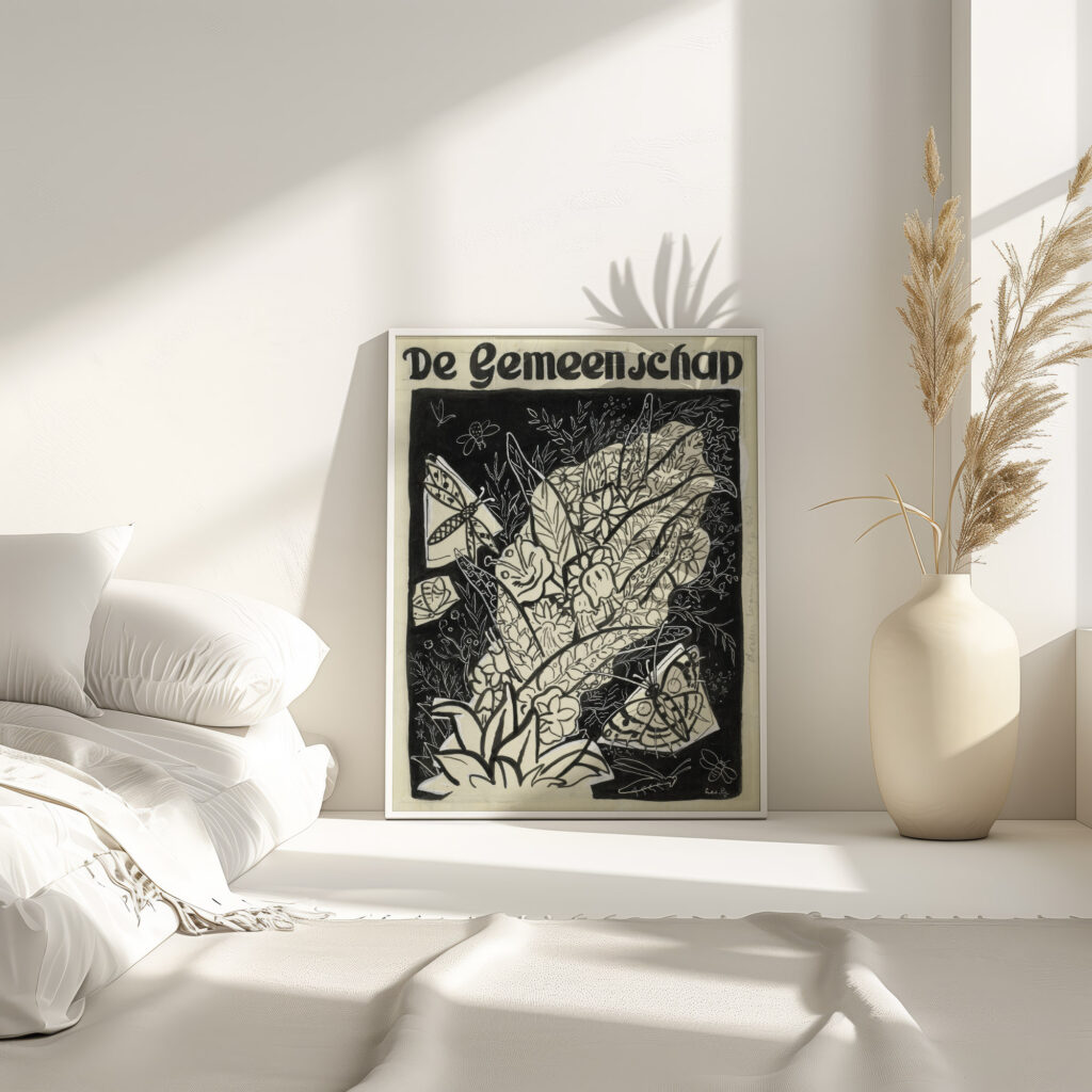 Ontwerp voor de omslag van ‘De Gemeenschap met een voorstelling van vlinders rond bladeren en bloemen vliegend 1891 Leo Gestel 4 mockup