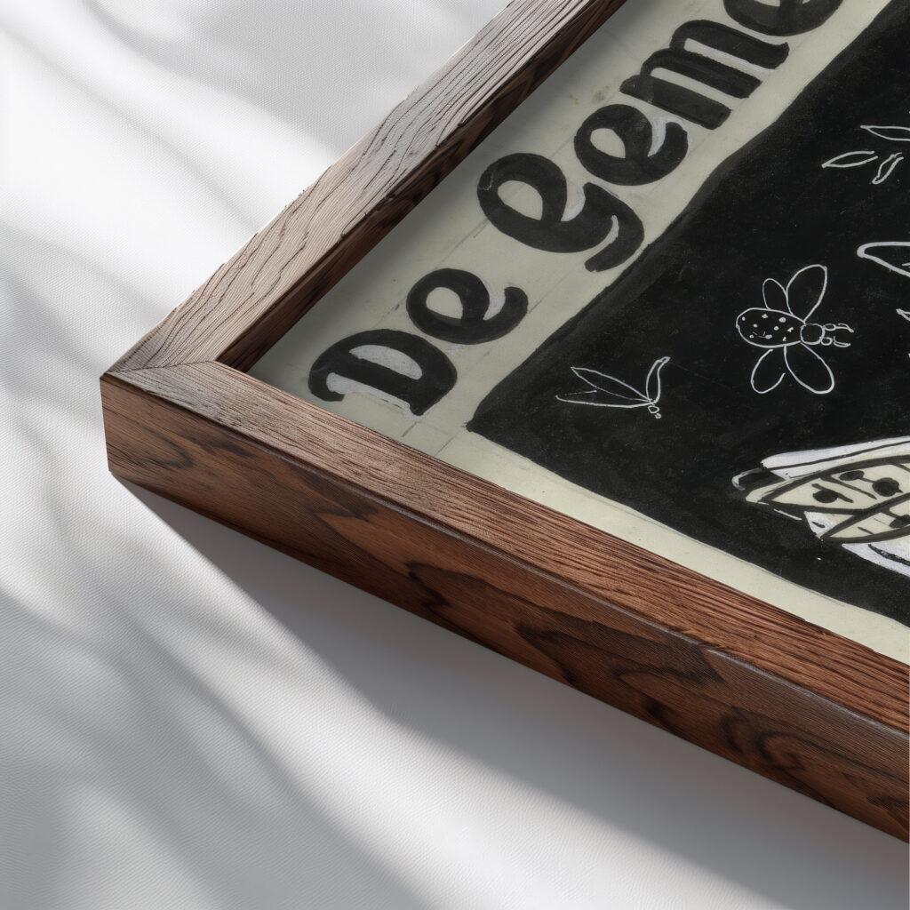 Ontwerp voor de omslag van ‘De Gemeenschap met een voorstelling van vlinders rond bladeren en bloemen vliegend 1891 Leo Gestel close up dark wood mockup