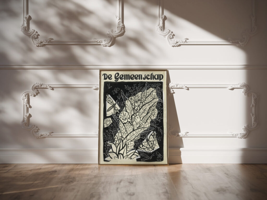 Ontwerp voor de omslag van ‘De Gemeenschap met een voorstelling van vlinders rond bladeren en bloemen vliegend 1891 Leo Gestel video mockup