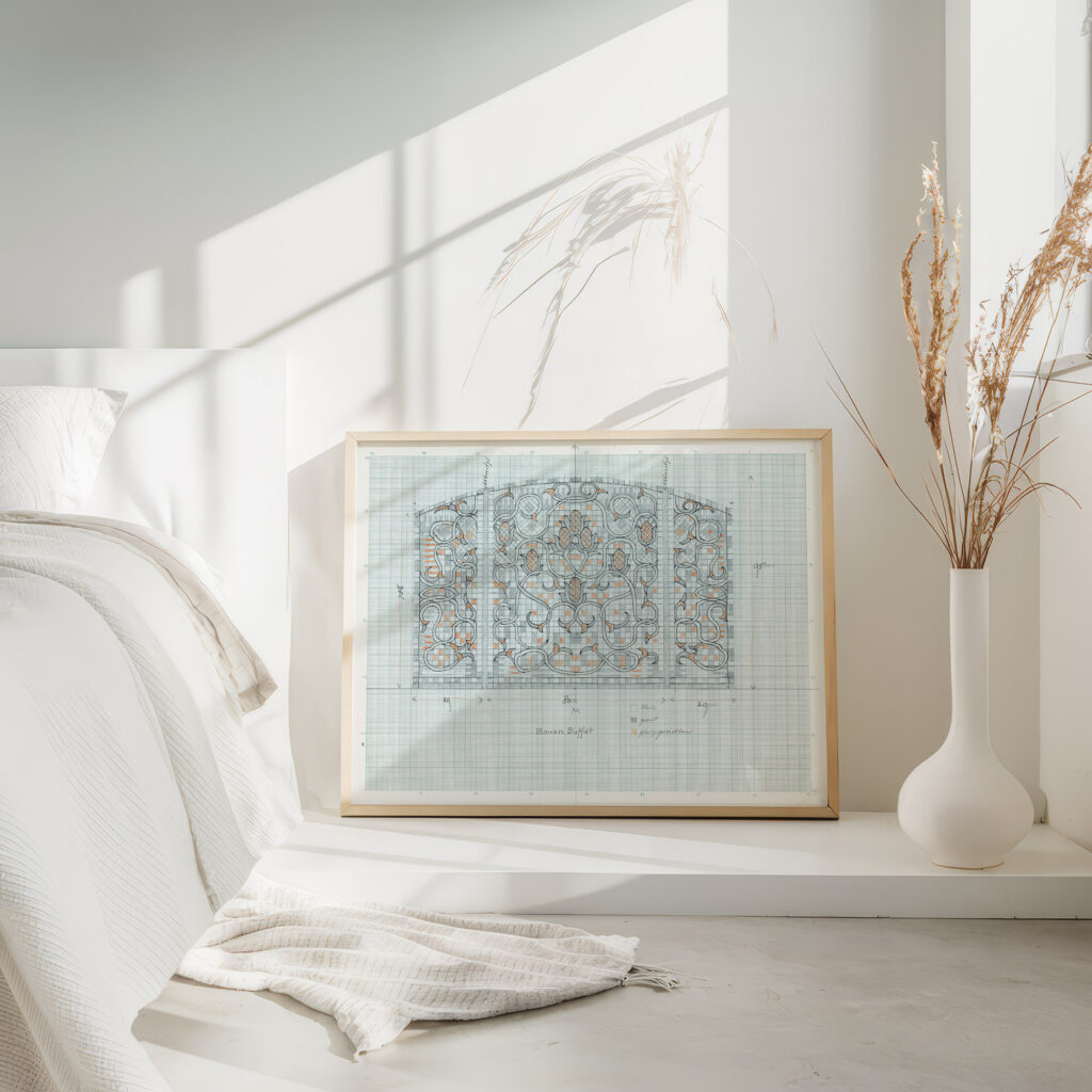 Ontwerp voor decoratief glaspaneel met floraal ornament 1874 Carel Adolph Lion Cachet 4 mockup