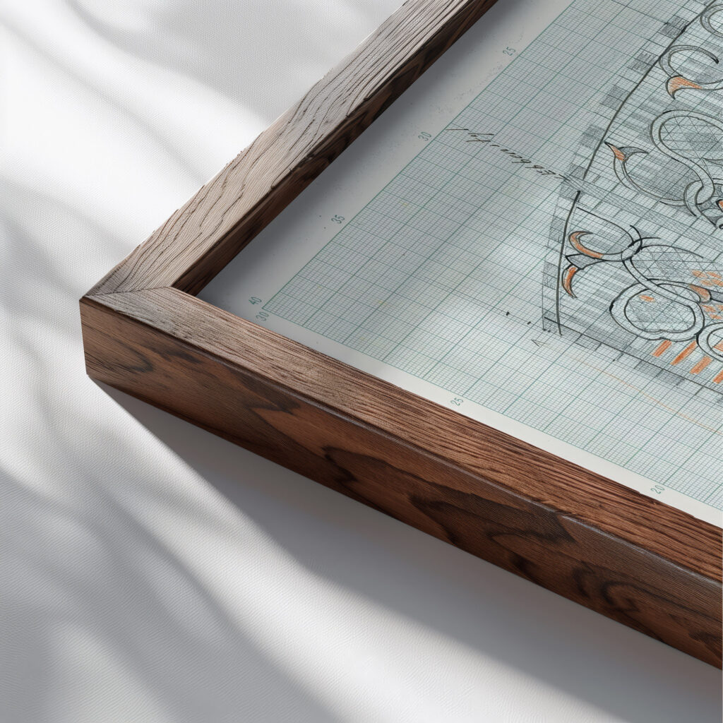 Ontwerp voor decoratief glaspaneel met floraal ornament 1874 Carel Adolph Lion Cachet close up dark wood mockup