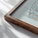 Ontwerp voor decoratief glaspaneel met floraal ornament 1874 Carel Adolph Lion Cachet close up dark wood mockup