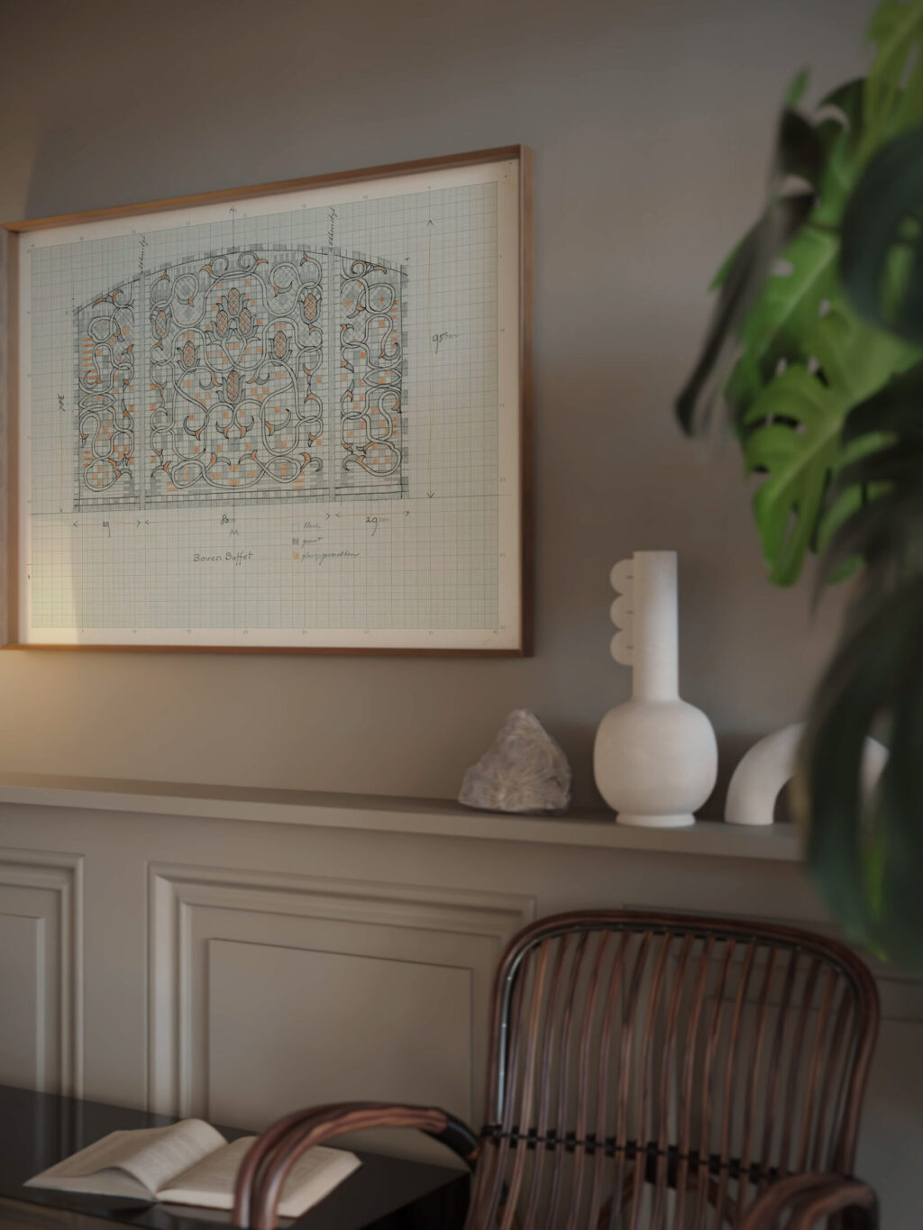 Ontwerp voor decoratief glaspaneel met floraal ornament 1874 Carel Adolph Lion Cachet video mockup