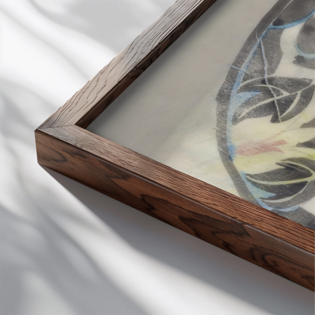 Ontwerp voor een bord met florale decoratie 1874 Carel Adolph Lion Cachet close up dark wood mockup