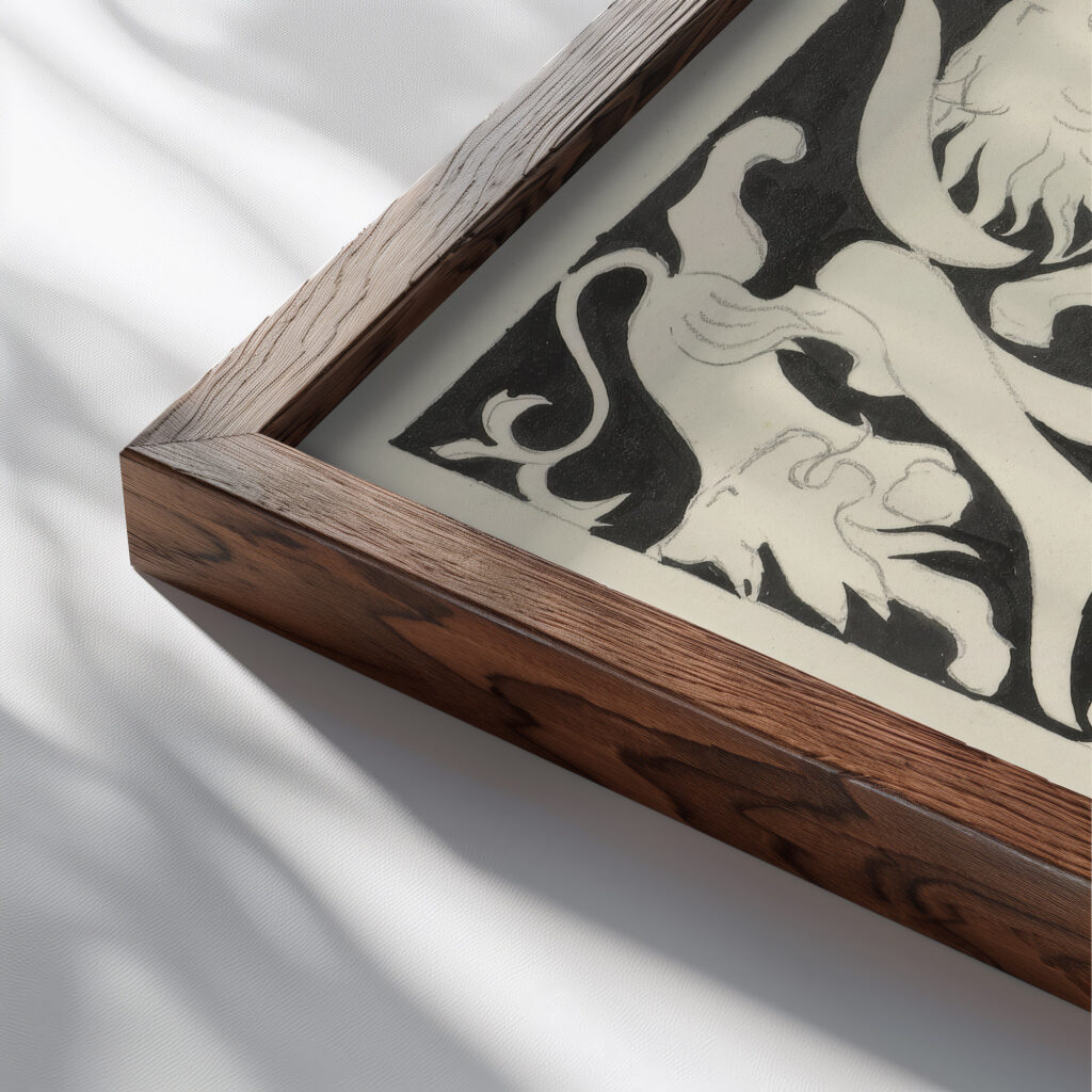 Ontwerp voor een ex libris met monogram en leeuwen 1874 Carel Adolph Lion Cachet 1 close up dark wood mockup