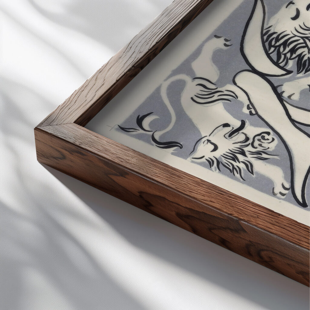 Ontwerp voor een ex libris met monogram en leeuwen 1874 Carel Adolph Lion Cachet close up dark wood mockup