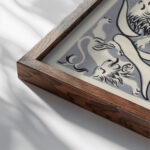 Ontwerp voor een ex libris met monogram en leeuwen 1874 Carel Adolph Lion Cachet close up dark wood mockup