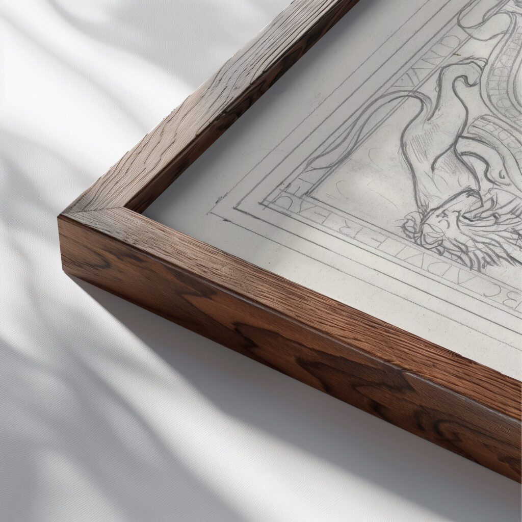 Ontwerp voor een ex libris voor de zoon van de kunstenaar 1874 Carel Adolph Lion Cachet close up dark wood mockup