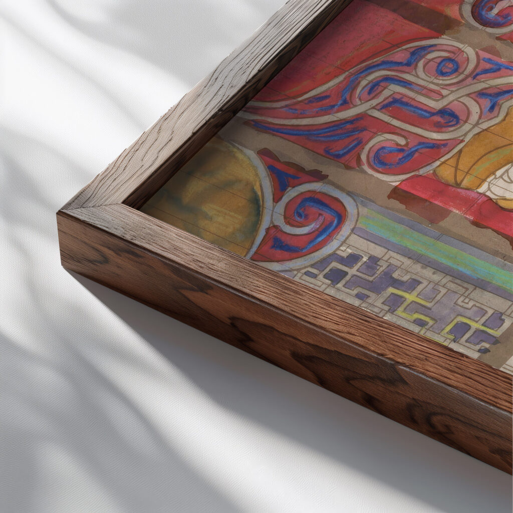 Ontwerp voor een glas in lood koepel voor de muziekzaal van het schip J.P. Coen 1874 Carel Adolph Lion Cachet close up dark wood mockup