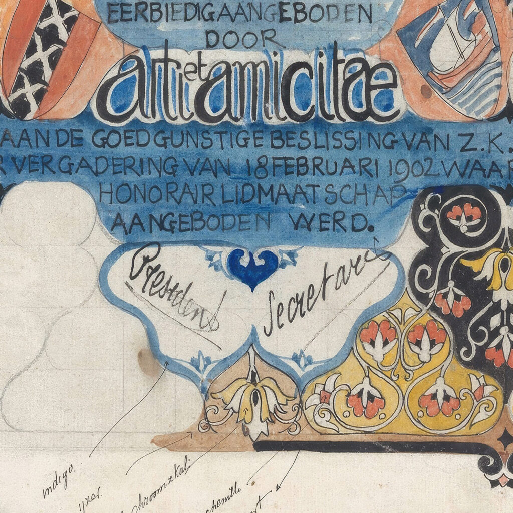 Ontwerp voor een oorkonde van Arti en Amicitiae voor Prins Hendrik bij zijn erelidmaatschap in 1902 1874 Carel Adolph Lion Cachet 8 mockup