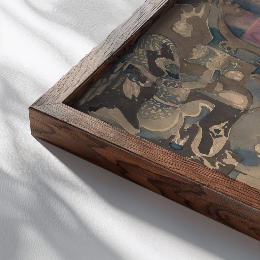 Ontwerp voor een oorkonde van de Nederlandsche Maatschappij voor Nijverheid en Handel 1874 Carel Adolph Lion Cachet close up dark wood mockup