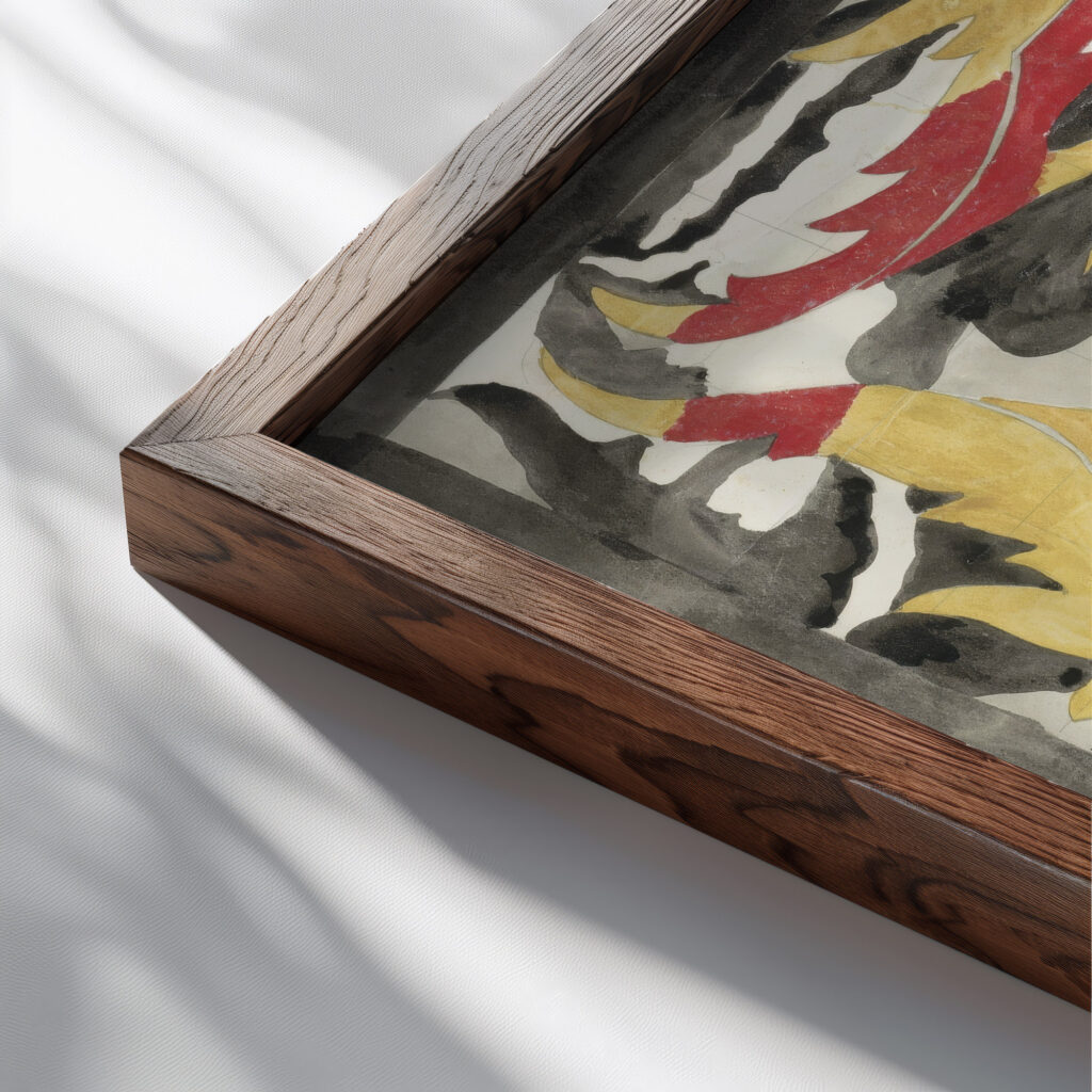 Ontwerp voor een tegeltableau met twee kamelen 1874 Carel Adolph Lion Cachet close up dark wood mockup