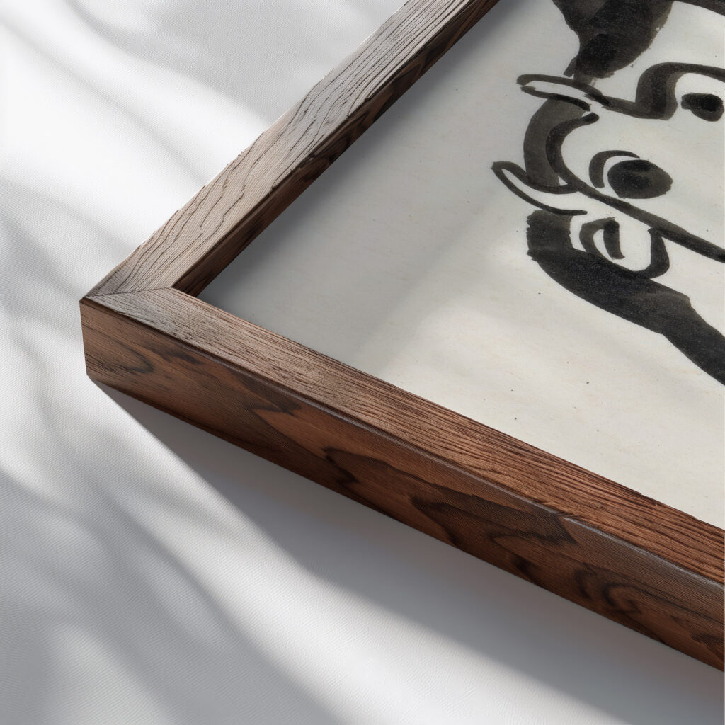 Ontwerp voor een vignet voorstelling met drie koeien 1891 Leo Gestel close up dark wood mockup