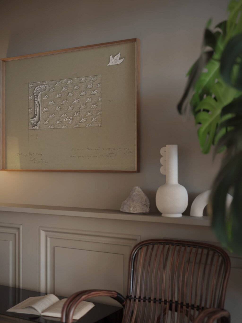 Ontwerp voor een watermerk van een bankbiljet een hand met fakkel op een achtergrond van bladeren 1940 06 20 Leo Gestel video mockup