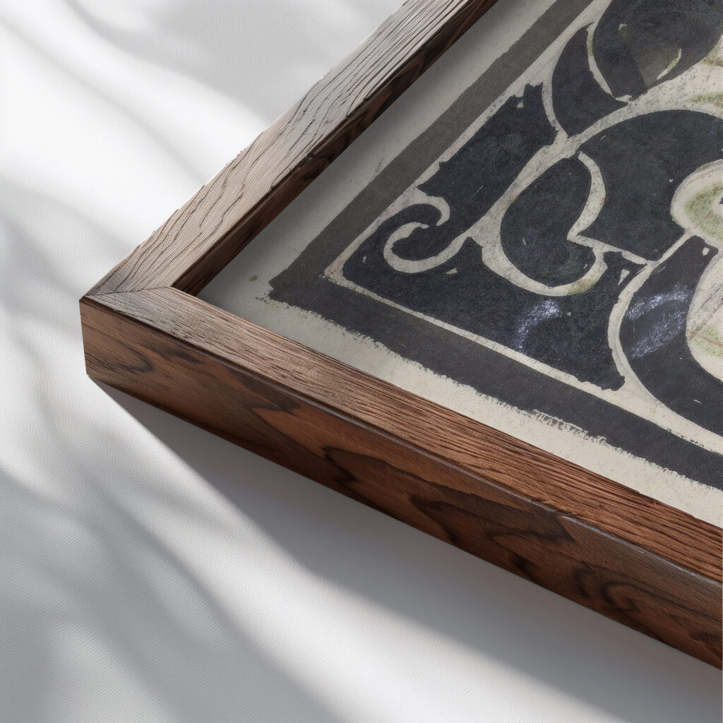Ontwerp voor ex libris van D.J. Goedkoop 1874 Carel Adolph Lion Cachet close up dark wood mockup