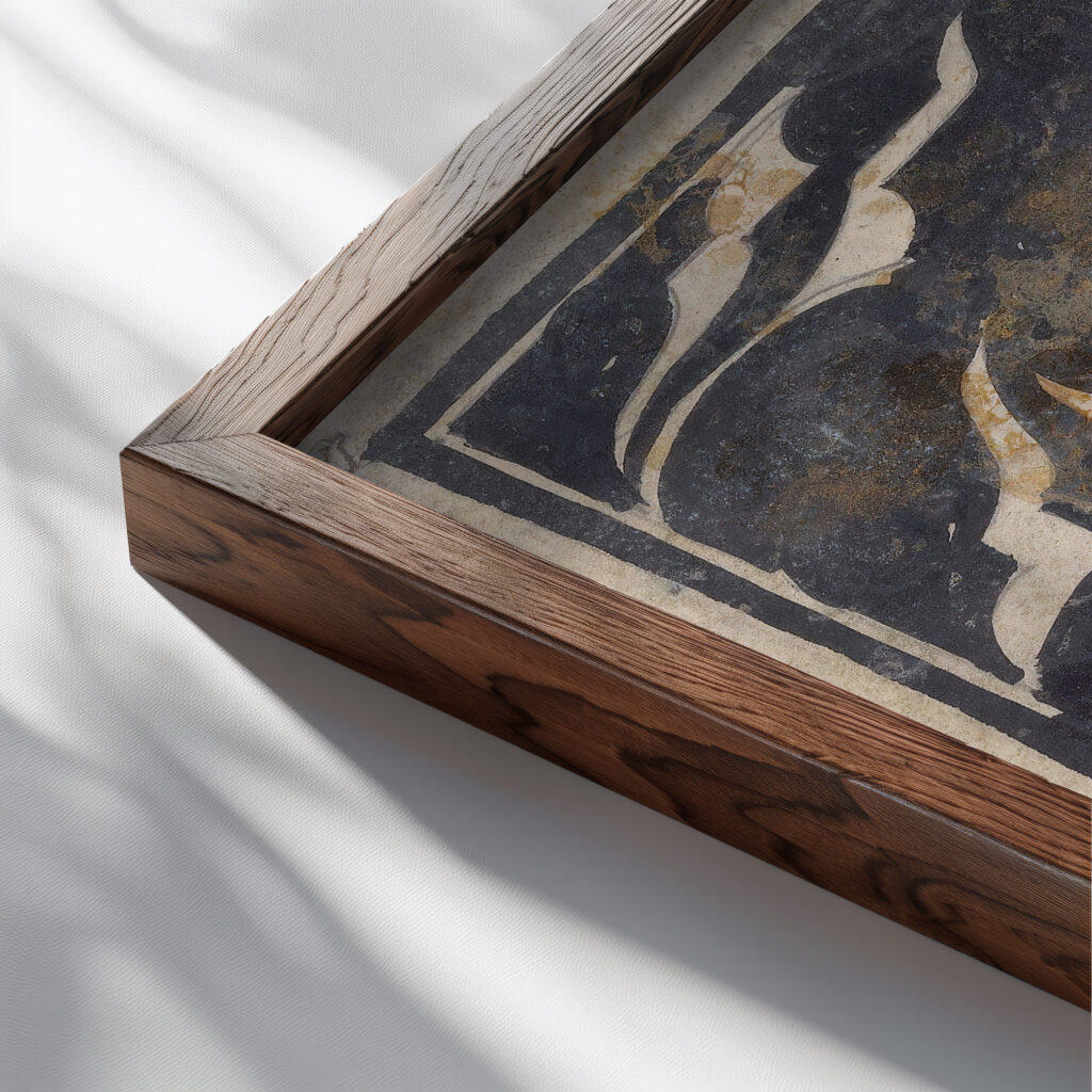 Ontwerp voor ex libris van Johanna Pabst 1874 Carel Adolph Lion Cachet close up dark wood mockup