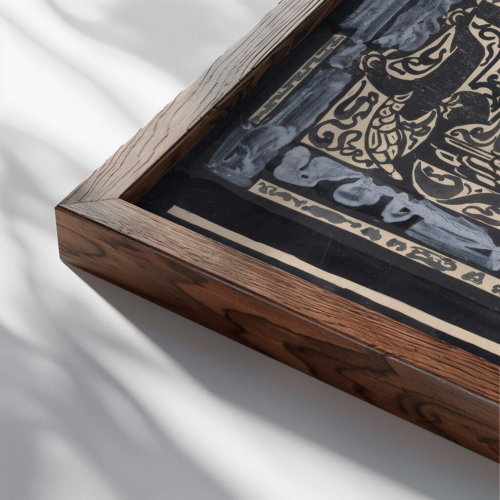 Ontwerp voor ex libris van de Vereeniging Hou en Trouw 1916 Carel Adolph Lion Cachet close up dark wood mockup