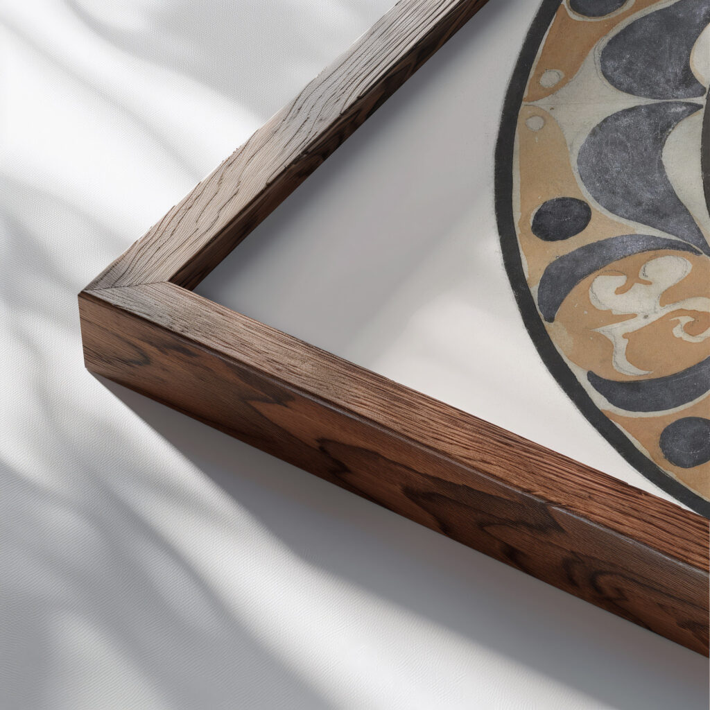 Ontwerp voor gedenkbord van de KPM bij de geboorte van prinses Juliana in 1909 1909 Carel Adolph Lion Cachet close up dark wood mockup