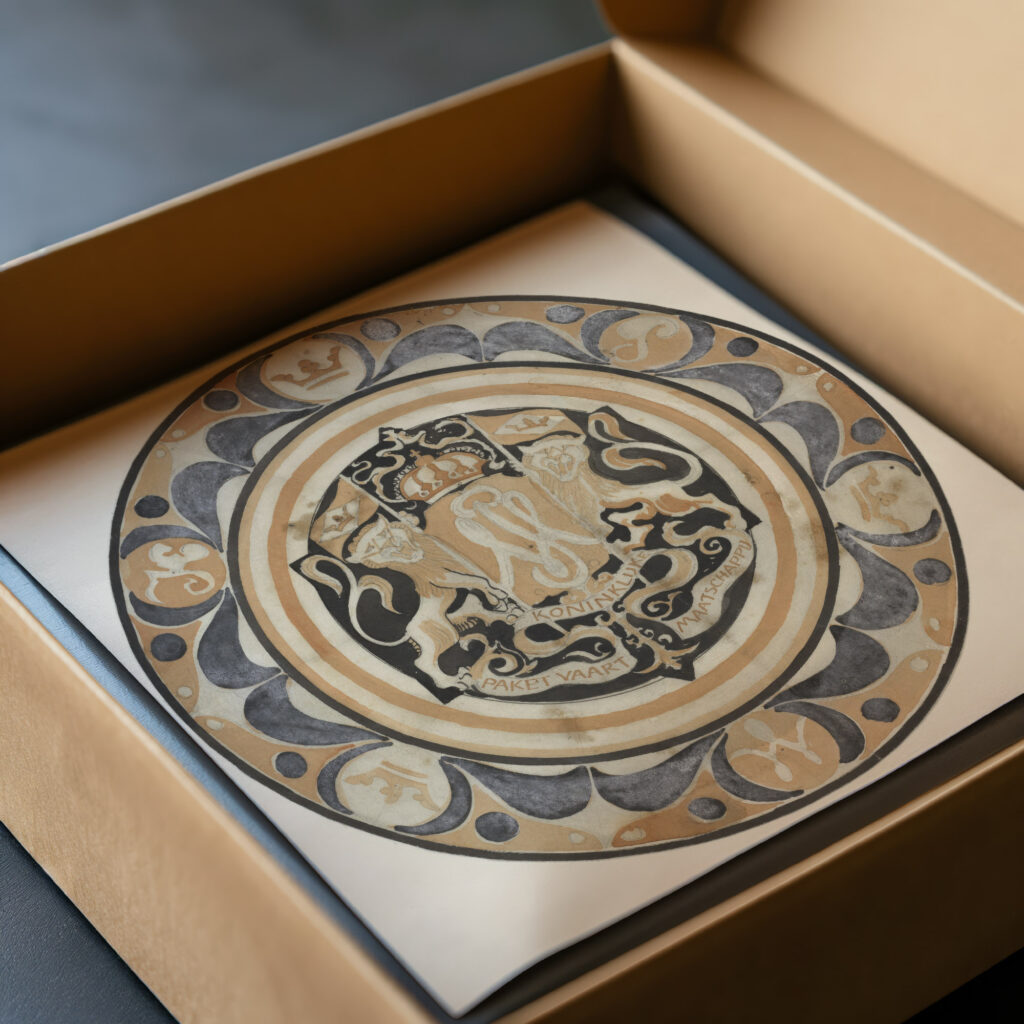 Ontwerp voor gedenkbord van de KPM bij de geboorte van prinses Juliana in 1909 1909 Carel Adolph Lion Cachet video mockup