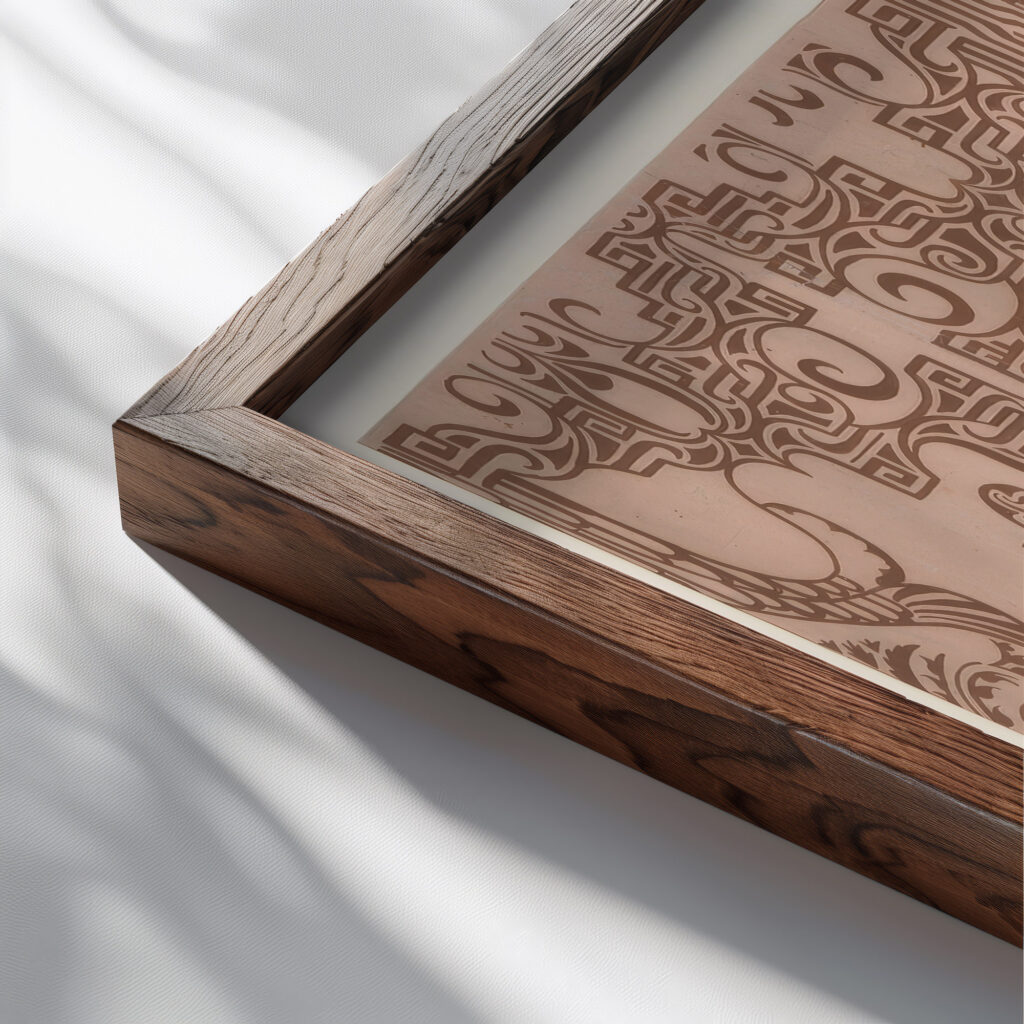 Ontwerp voor geschoren trijp vak vullingen en stoelbekleding van Ss. Johan de Wit zeemeerminnen 1874 Carel Adolph Lion Cachet close up dark wood mockup