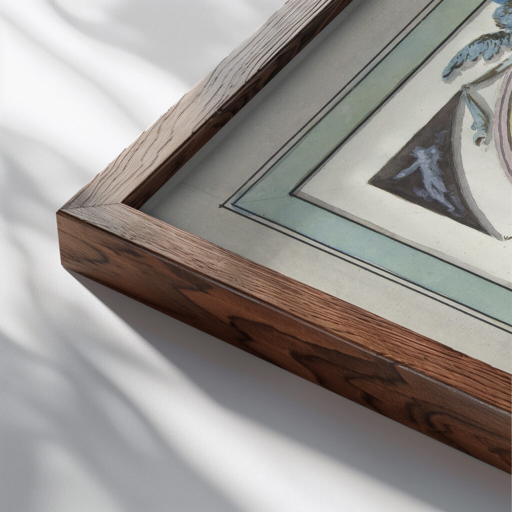 Ontwerp voor kamerversiering met een paneel met centraal een gele ovaal 1767 1823 Abraham Meertens close up dark wood mockup