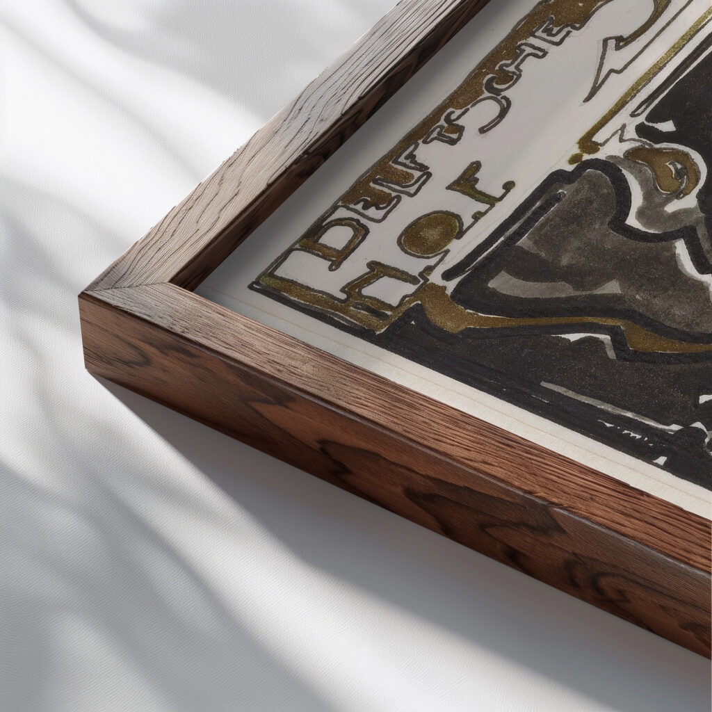 Ontwerp voor reclame voor Delftsche Slaolie 1906 Reijer Stolk close up dark wood mockup