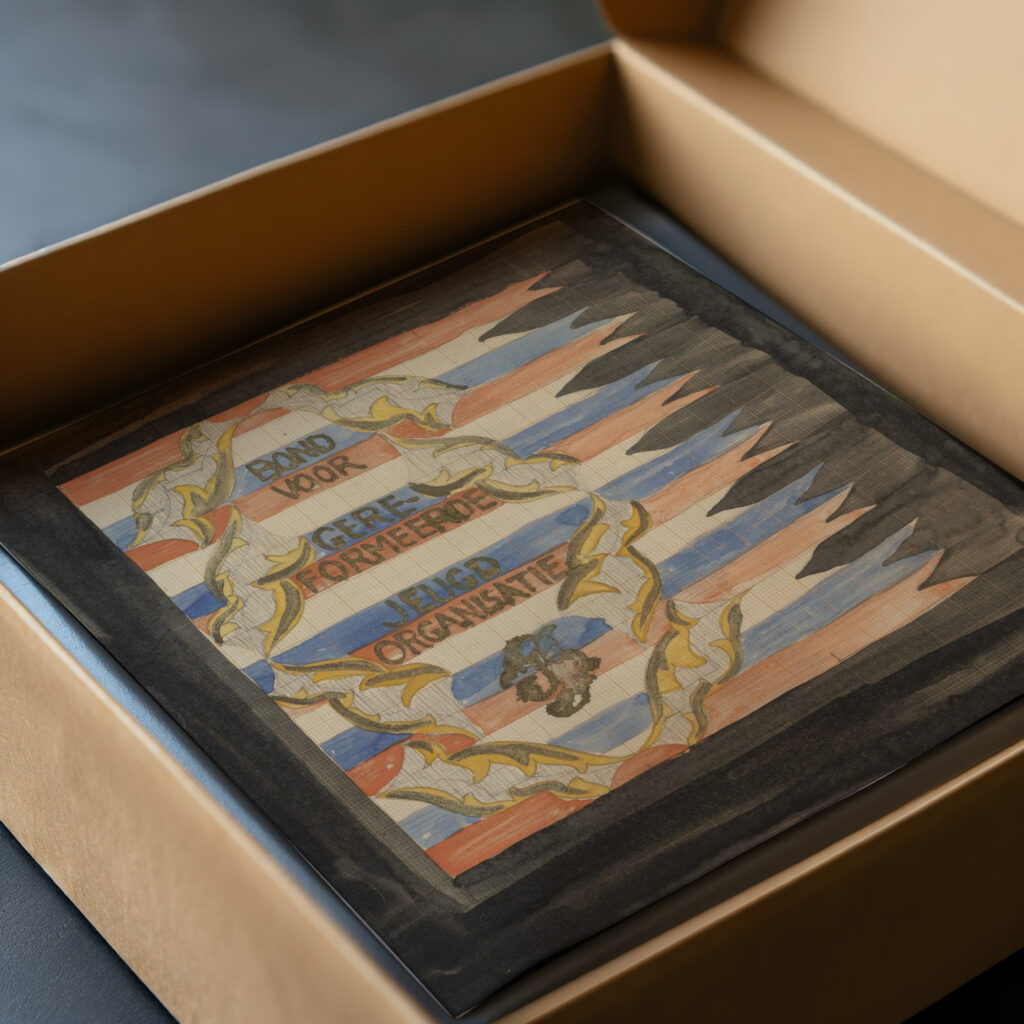 Ontwerp voor vaandel van de Bond voor Gereformeerde Jeugdorganisatie 1874 Carel Adolph Lion Cachet video mockup