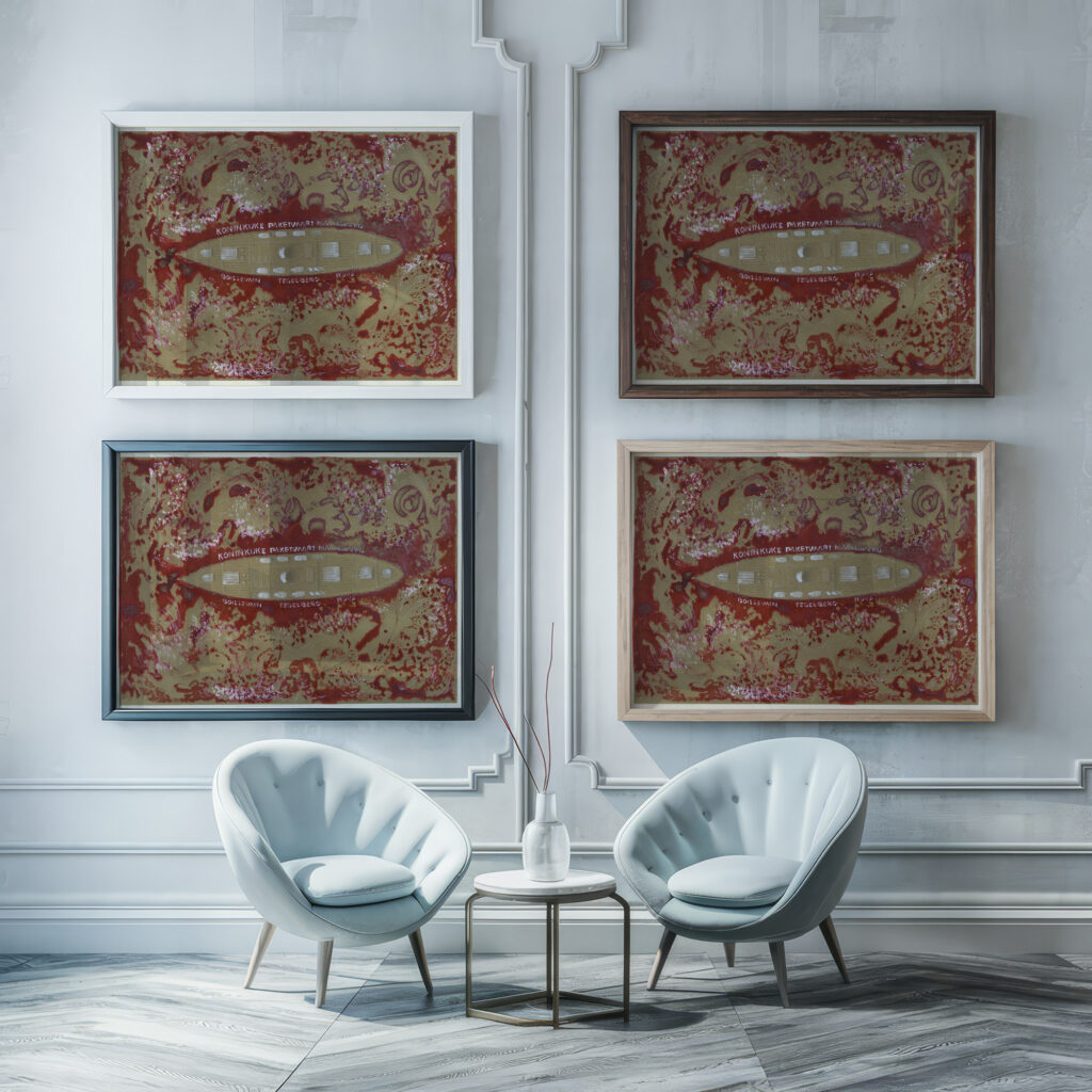 Ontwerp voor vignet van de Koninklijke Paketvaart Maatschappij 1874 Carel Adolph Lion Cachet 2 framed posters mockup