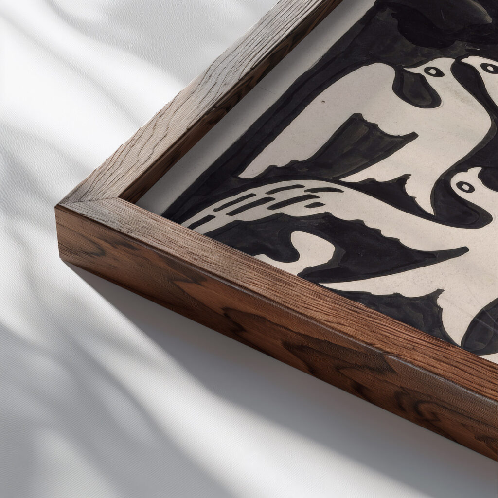Ontwerp voor wandtapijt met tien duiven 1874 Carel Adolph Lion Cachet close up dark wood mockup